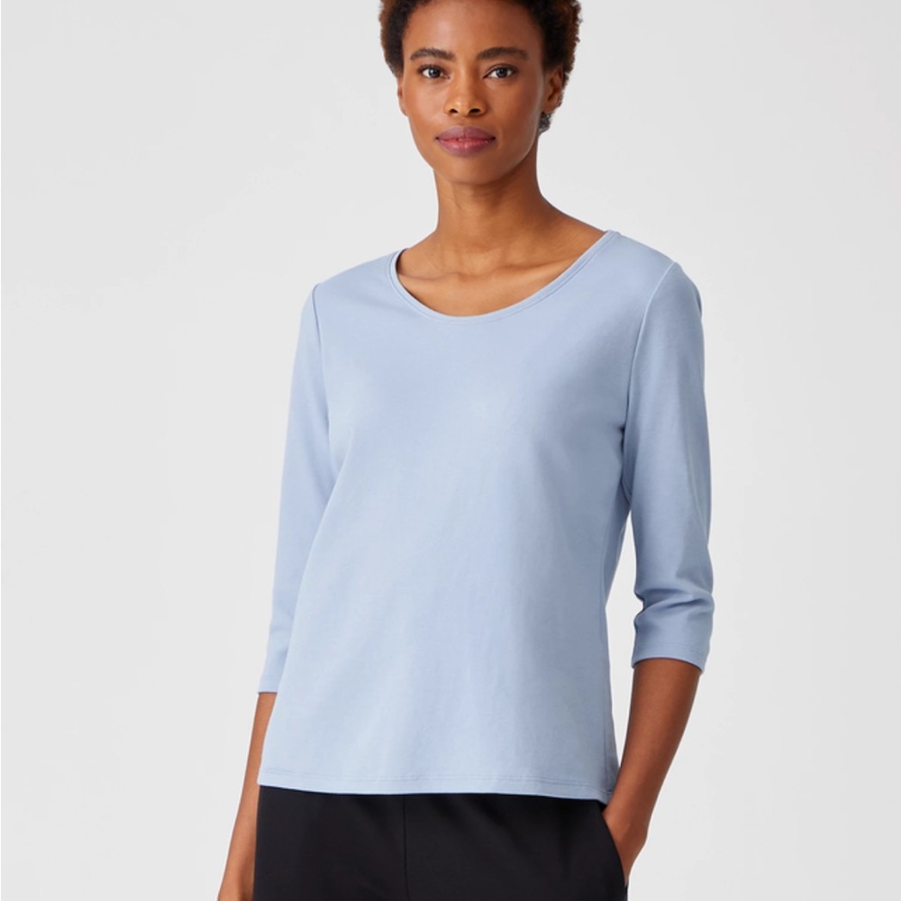 Eileen Fisher Sky Blue 3/4 Sleeve Scoop Neck Top size L